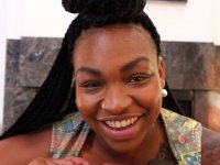 Sexy black chick gives a hot POV blowjob and footjob then takes a facial - Photo #1