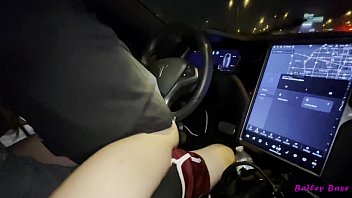 Fucking my tinder date in his Tesla while driving - 4k
